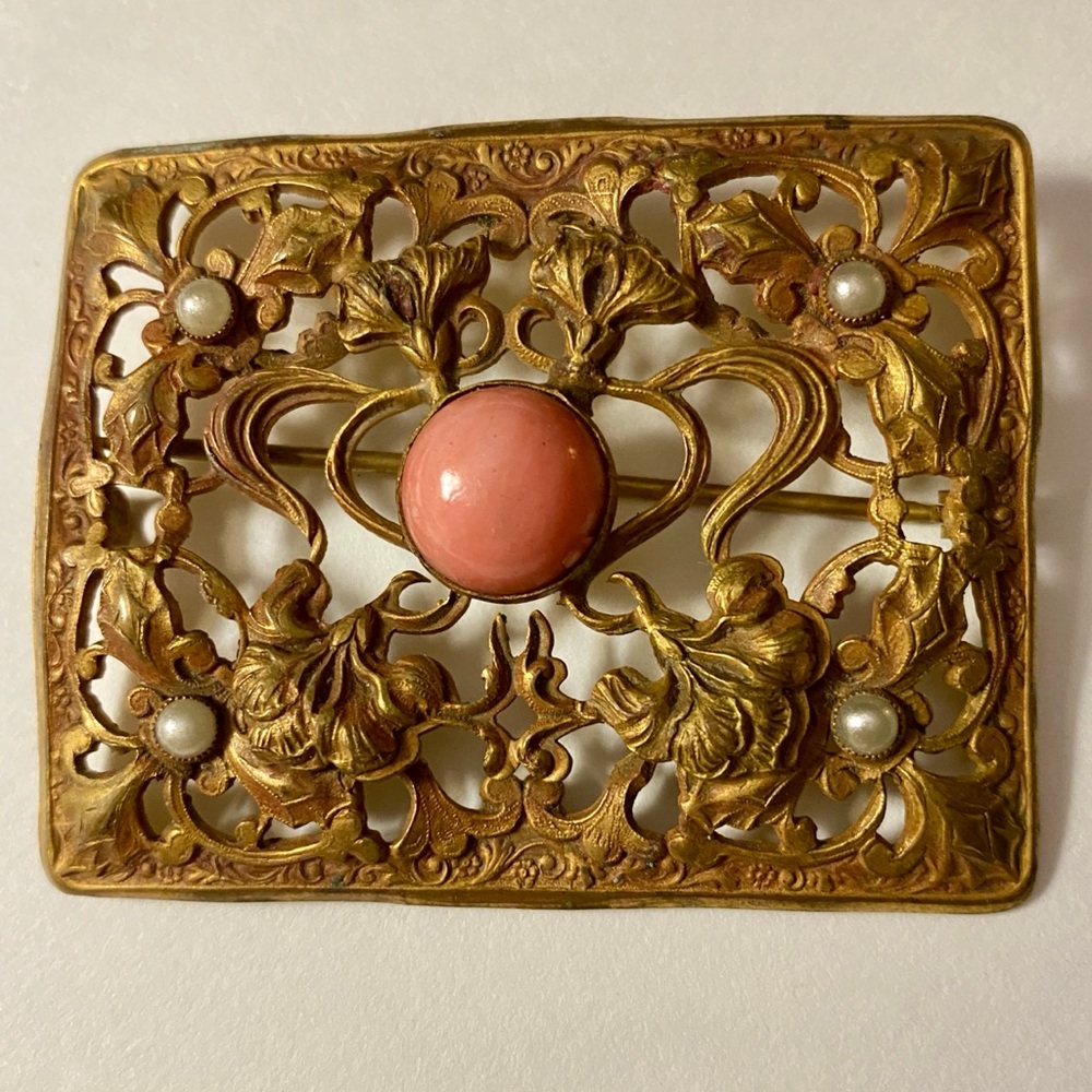 Antique Art Nouveau Sash Pin/Brooch with Angel Skin Coral & Pearls Brass Floral